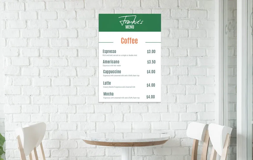 Menu Styrene Sign